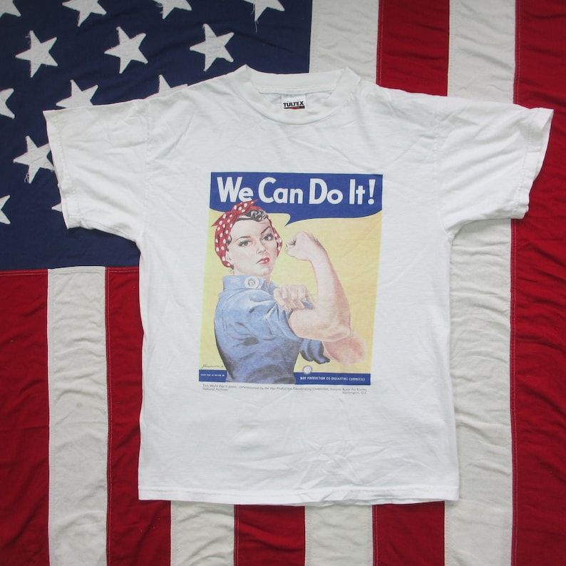 Vintage 1990S Rosie The Riveter Wwii Propaganda Poster T Shirt Medium Tultex National Archives Feminism Militaria Graphic Womens Rights
