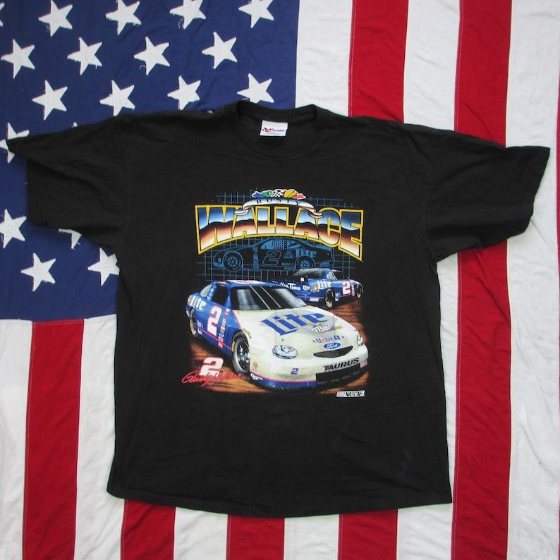 Vintage 1990S Rusty Wallace Chrome Letter Nascar Racing T Shirt Xxl Black Graphic Diagram Miller Lite 2 Car Daytona Indy 500 Raceway