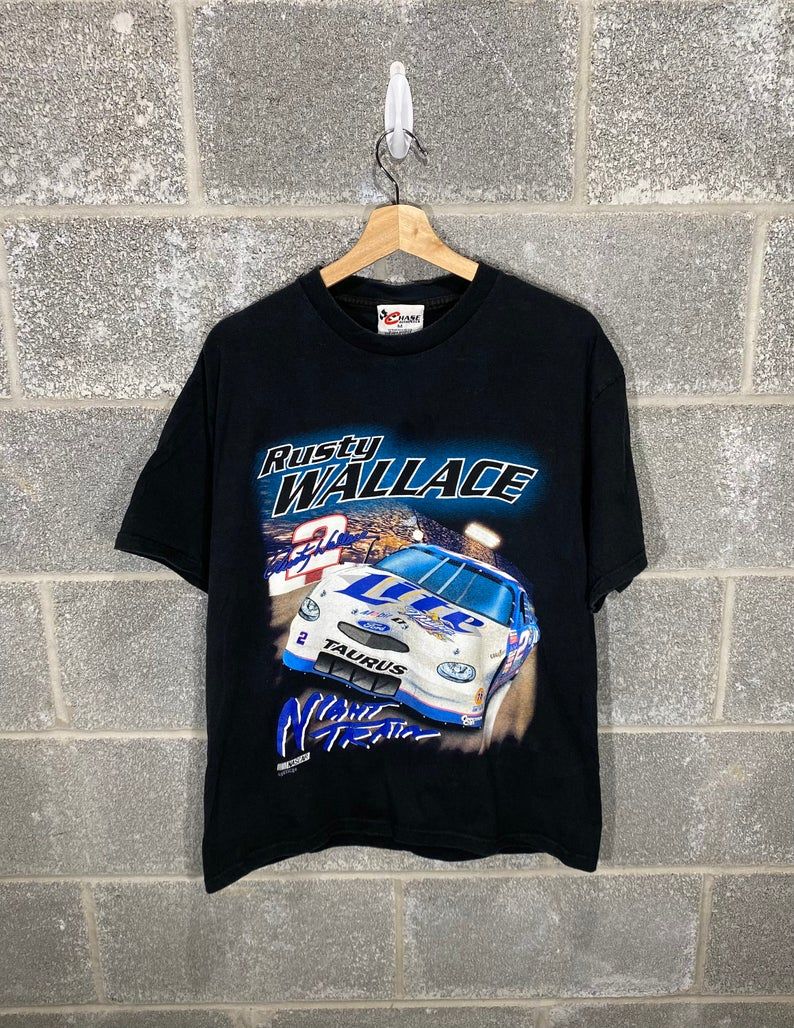 Vintage 1990S Rusty Wallace Night Train Black Nascar Racing Graphic Shirt
