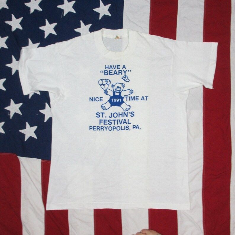 Vintage 1990S Screen Stars St Johns Festival Perryopolis Pa Graphic T Shirt Large Xl Soft Thin 50 50 Pittsburgh Teddy Bear Beige Tag