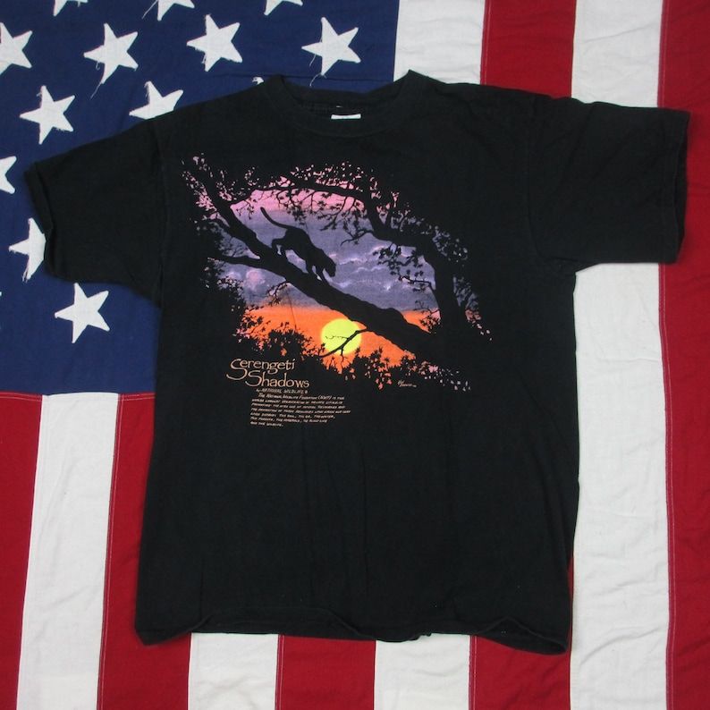 Vintage 1990S Serengeti Shadows Lioness National Wildlife Fund Graphic T Shirt Medium Large Black Sunset Tanzania Cat Africa Souvenir