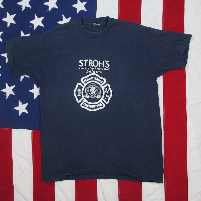 Vintage 1990S Strohs Beer Salutes Pa Firefighters Graphic T Shirt Large Xl Fruit Of The Loom 100 Cotton Navy Alcohol