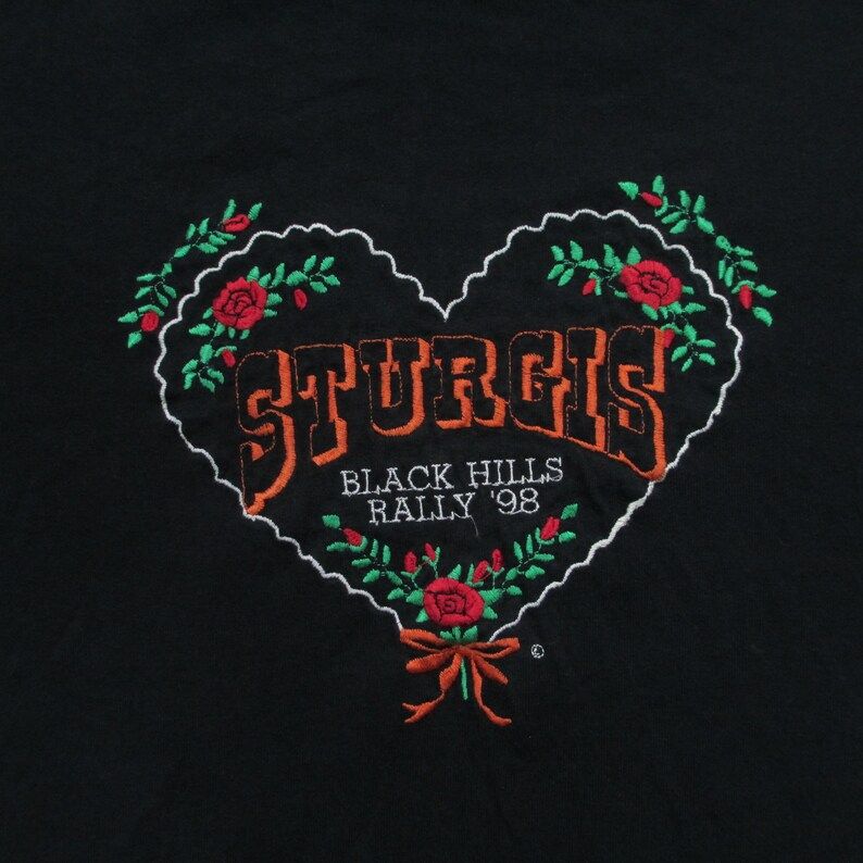 Vintage 1990S Sturgis Sd Motorcycle Rally Embroidered Heart T Shirt Medium Floral Rose Biker Harley Davidson Black Hills Made In Usa Hef T