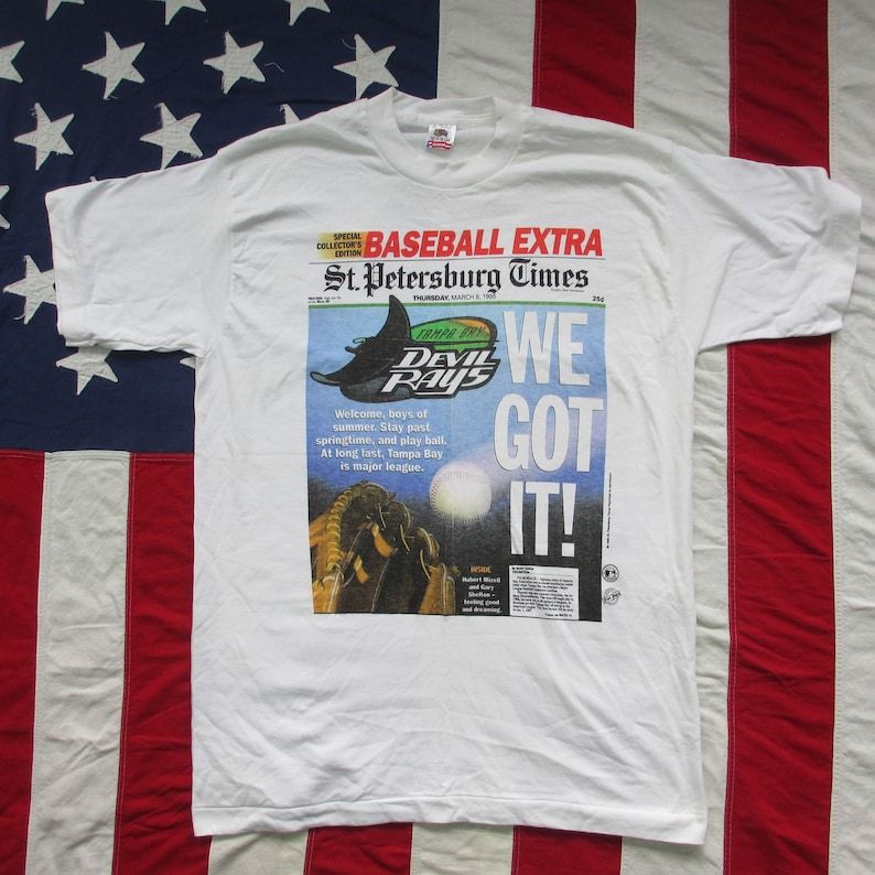 Vintage 1990S Tampa Bay Devil Rays First Season Graphic T Shirt Large Fruit Of The Loom Mlb Baseball St Petersburg Times Newspaper Souvenir