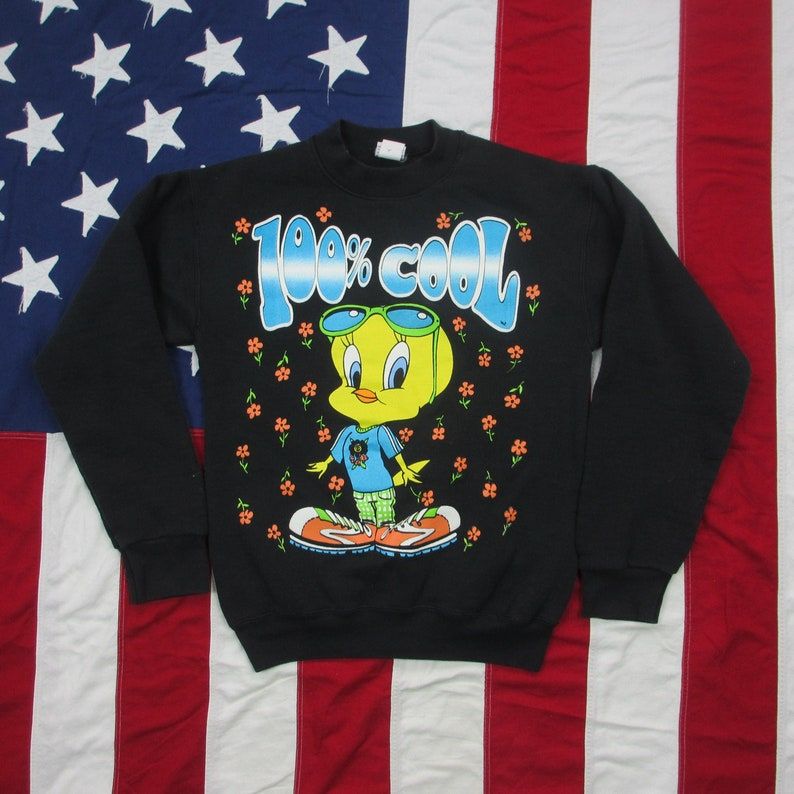 Vintage 1990S Tweety Bird 100 Cool Graphic Crewneck Sweatshirt Youth Large Adult Small Black Flower Daisy Warner Brothers Looney Tunes