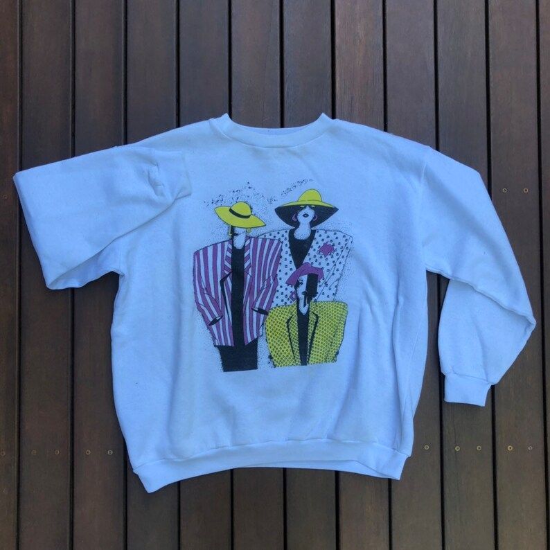 Vintage 1990S Unique Women In Suits Cartoon Print Unisex Xl Sweatshirt Retro 90S Festival Fashion Cozy Made In Australia Hipster Jumper