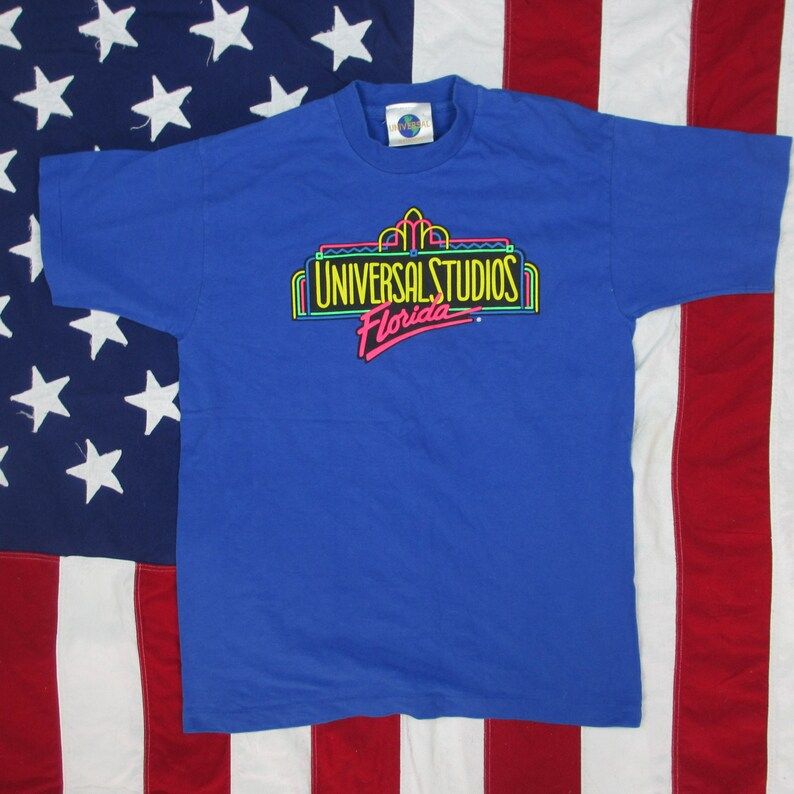 Vintage 1990S Universal Studios Florida Logo T Shirt Medium Large Blue Bubble Print Orlando 100 Cotton Hollywood Disney World Made In Usa