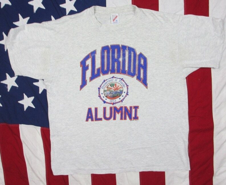 Vintage 1990S University Of Florida Alumni T Shirt Large Xl Soft Heather Grey Gray Gainesville Gators Alumnus Seal Blue Orange Jerzees
