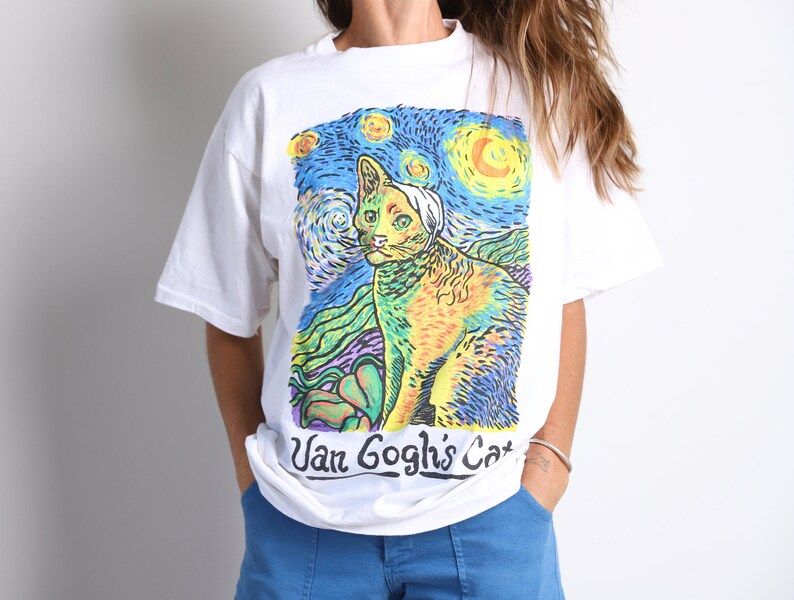 Vintage 1990S Van Goghs Cat Oversize Shirt Kitten T Shirt Arge
