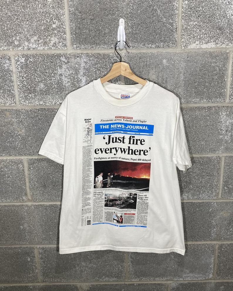 Vintage 1990S Volusia Flagler Fires 1998 White Graphic Newspaper Shirt