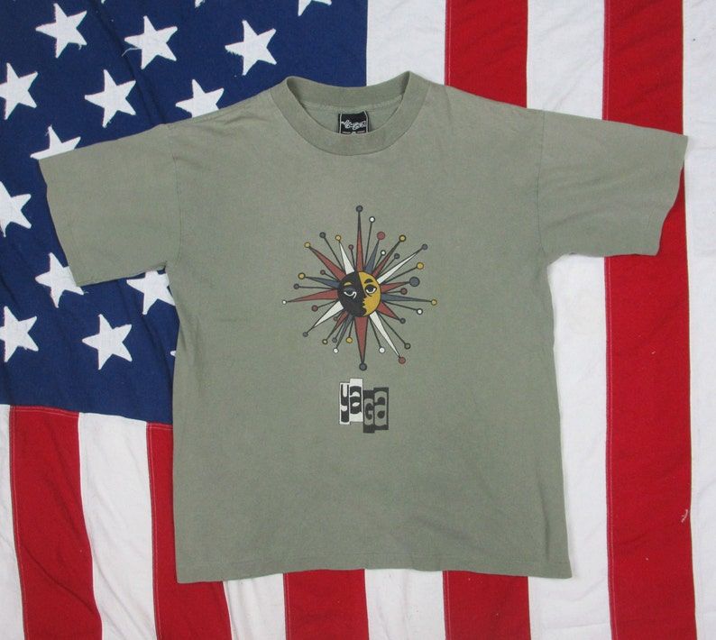 Vintage 1990S Yaga Brand Graphic T Shirt Large Earth Tone Skateboard Sun Beach Life Style Double Print Skating