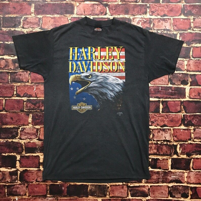 Vintage 1991 3D Emblem Harley Davidson Biker Shirt 90S Harley Shirt Harley Davidson Tee Shirt For Bikers Mens In Faded Black Gray