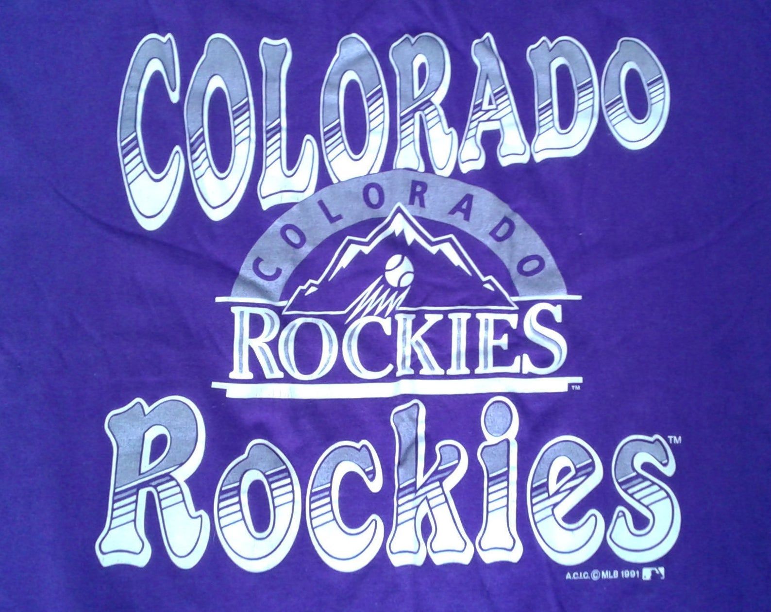 Vintage 1991 Deadstock Colorado Rockies Purple T-Shirt Made In Canada By Softwear Athletics