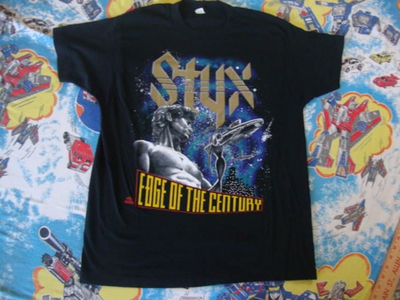 Vintage 1991 Styx Edge Of The Century Concert Tour T Shirt Black Screen Stars 90S Classic Prog Rock