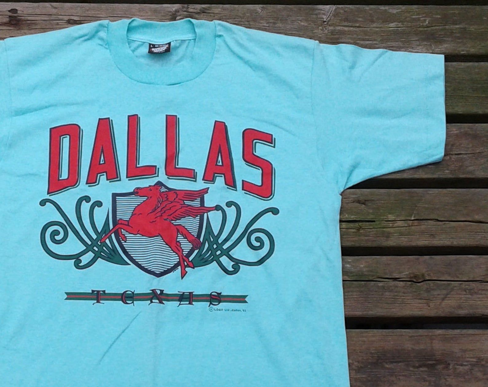 Vintage 1993 Deadstock Dallas Texas Souvenir T-Shirt Teal / Blue / Green Made In Usa L