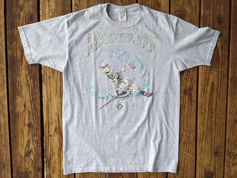Vintage 1994 Bad To The Bone Skeleton Surfer Single Stitch Tee