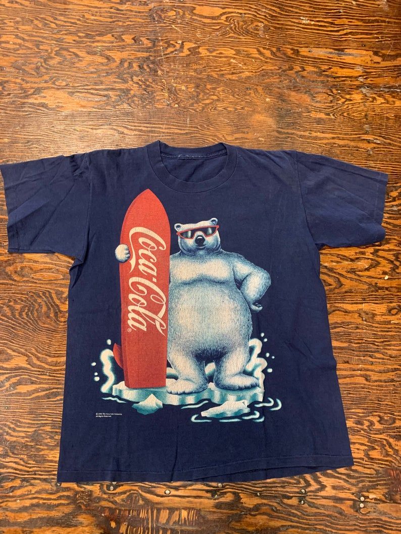 Vintage 1995 Coca Cola Coke Bear Surfing Graphic Shirt