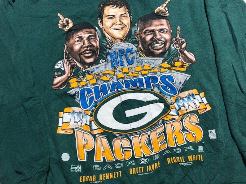 Vintage 1996S Green Bay Packers Champions Brett Favre Reggie White Edgar Bennett Cartoon Sweater Central Division Back 2 Back