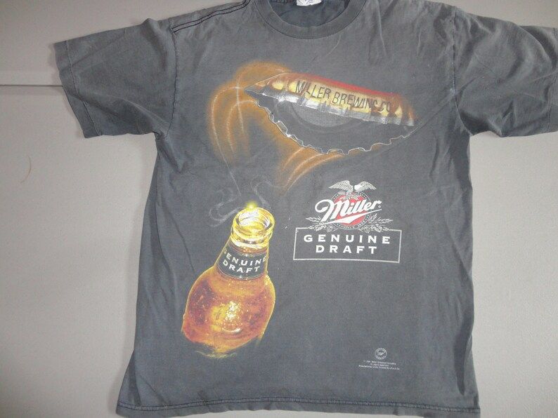 Vintage 1997 Black Miller Genuine Draft D Soft Faded Black Beer Bottle Tshirt Adult