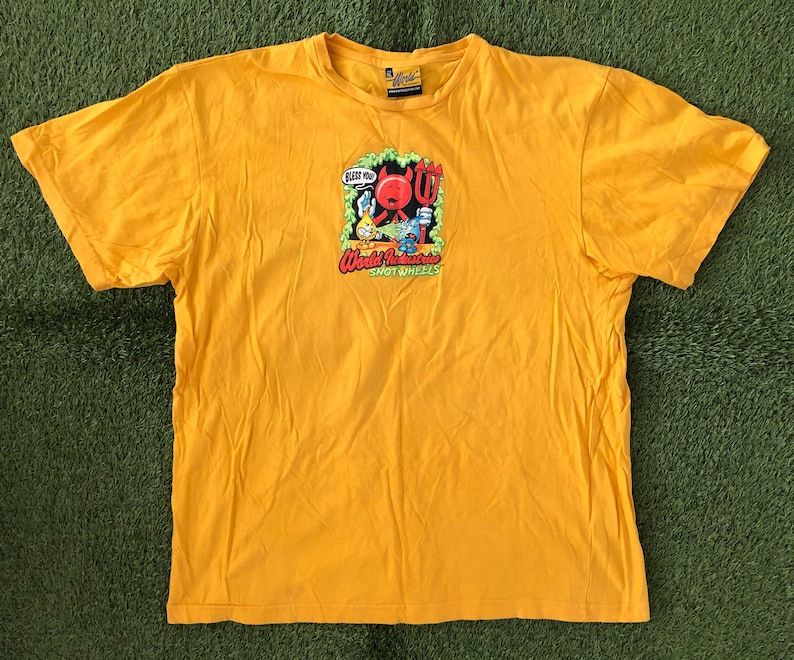 Vintage 1999 World Industries Skateboards Snot Wheels Oversized Yellow Xl Graphic T Shirt Retro Skater Streetwear Flameboy Cool Rare Tee