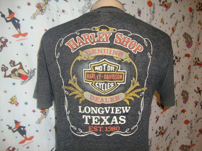 Vintage 3D Emblem 1987 Harley Davidson Longview Texas Iron Whiskey T Shirt Sz L Pocket Thrashed Burnout Paper Thin Biker 1980S