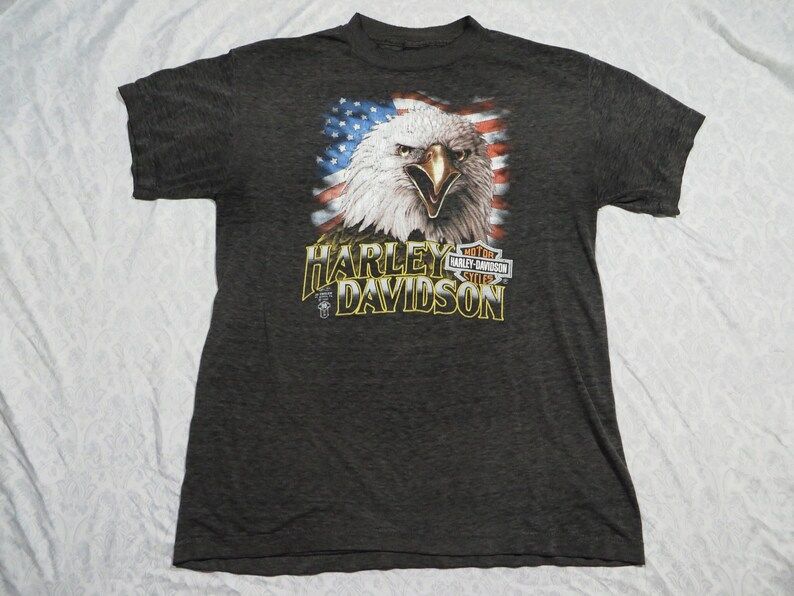 Vintage 3D Emblem Tee Shirt Harley Davidson Black Eagle Flag Tucson Distressed 80S Mens Medium Made In Usa