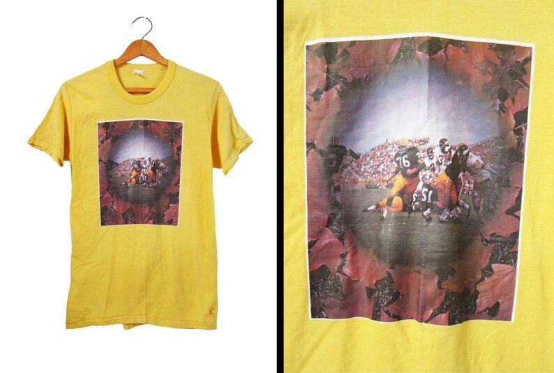 Vintage 70S Football T Shirt Yellow Cotton Shirt Roach Sportswear Made In Usa