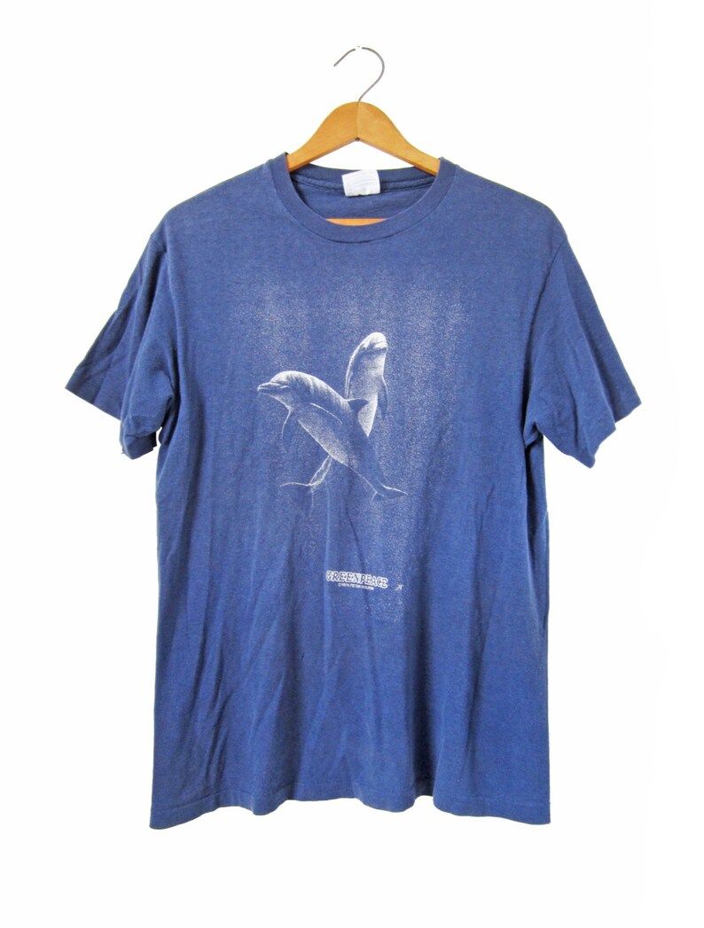 Vintage 70S Green Peace T Shirt Blue Dolphins Faded Cotton