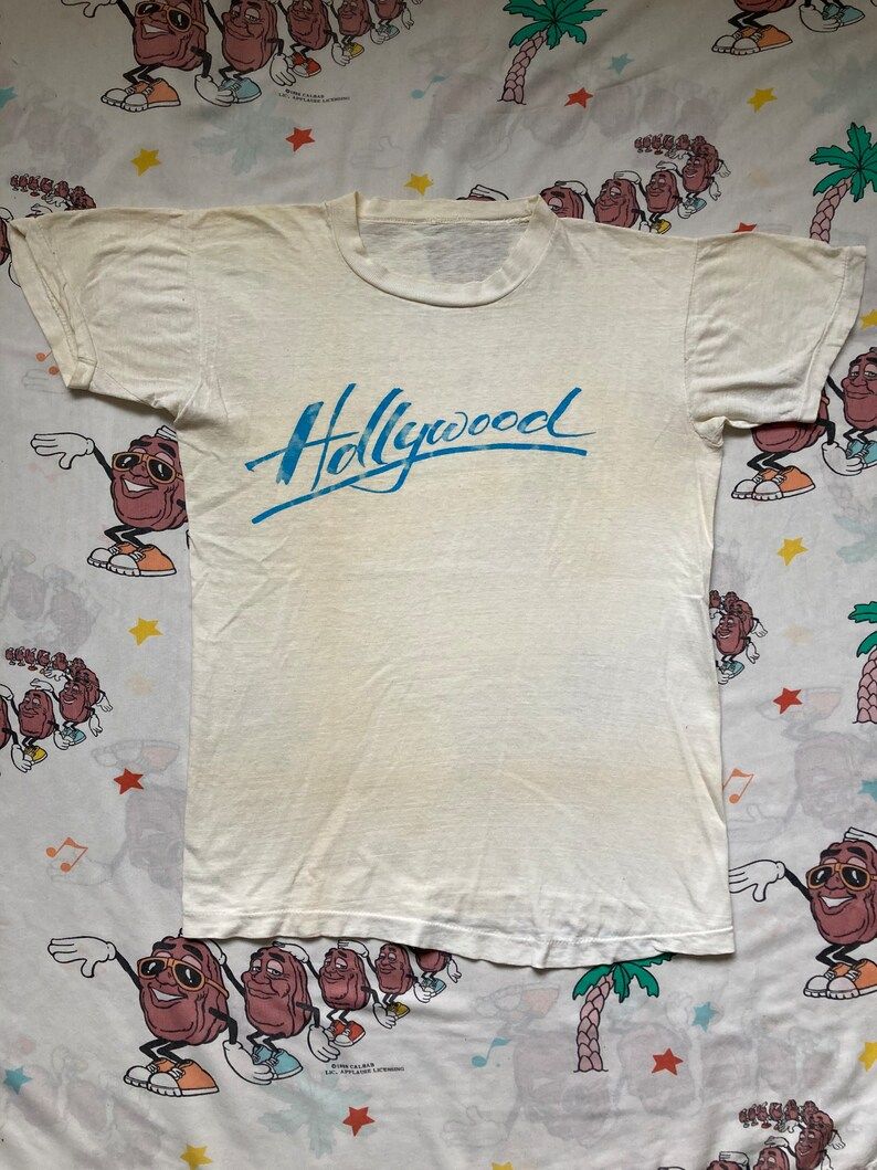 Vintage 70S Hollywood T Shirt Edium Dirty White Souvenir