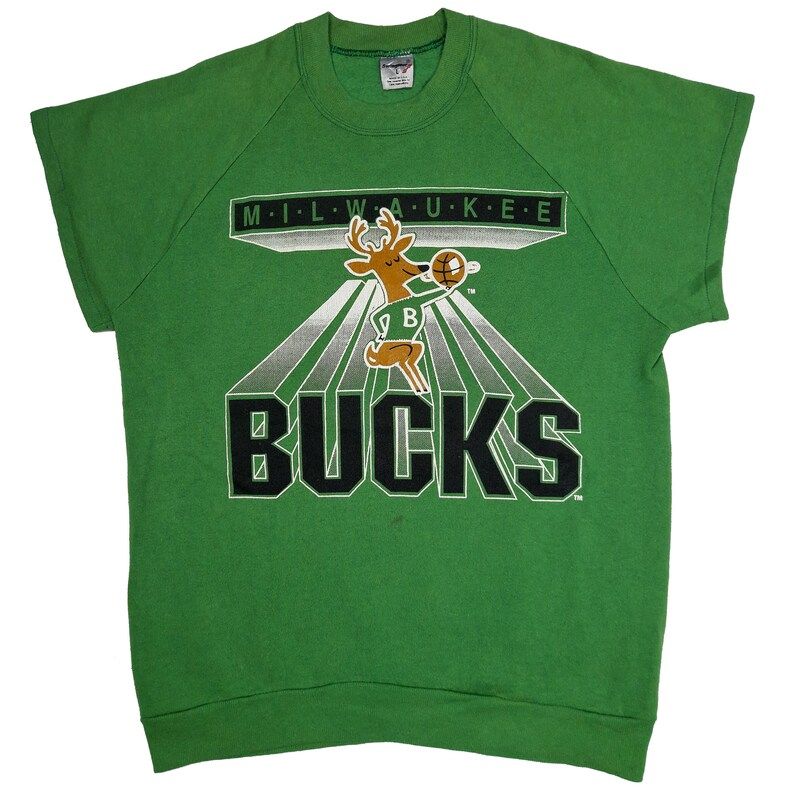 Vintage 70S Milwaukee Bucks Team Basketball Nba Big Print Spell Out Green Color Short Sleeve Sweatshirt Medium Size Adult Pullover