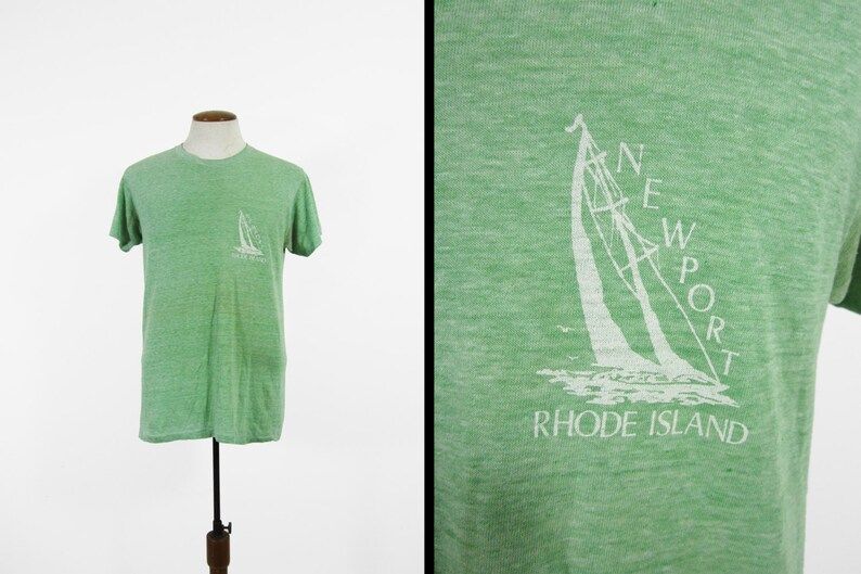 Vintage 70S Newport Ri T Shirt Heather Green Paper Thin Distressed