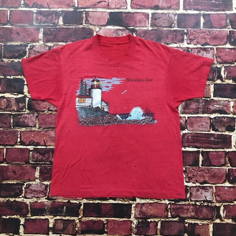 Vintage 70S Shirt Maine Lighthouse Graphic Tee Distressed Hippie Shirt Boho T Shirt Mens Medium In Red