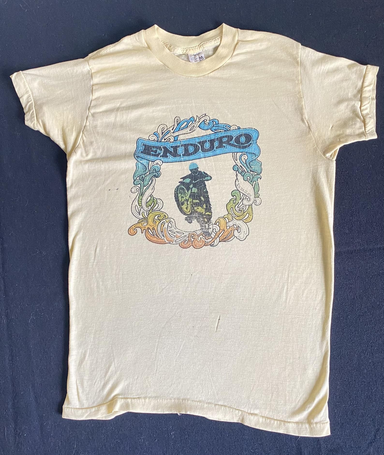 Vintage 70'S Trashed Paper Thin Faded Crackled Pale Yellow Enduro Iron On Transfer Motocross Endurance Motorbike Sport T Shirt Xs/S