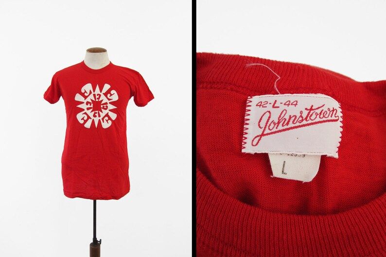 Vintage 70S Tribal Red T Shirt Johnstown Cotton Tee Made In Usa