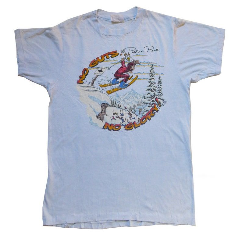 Vintage 80S 1985 No Guts No Glory Peek N Peak Skii Light Blue T Shirt
