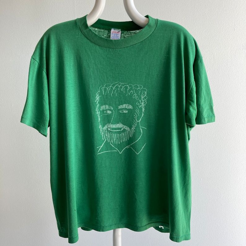Vintage 80S 1986 Random Guy Head Jerzees By Russell Thin T Shirt With Holes See Back