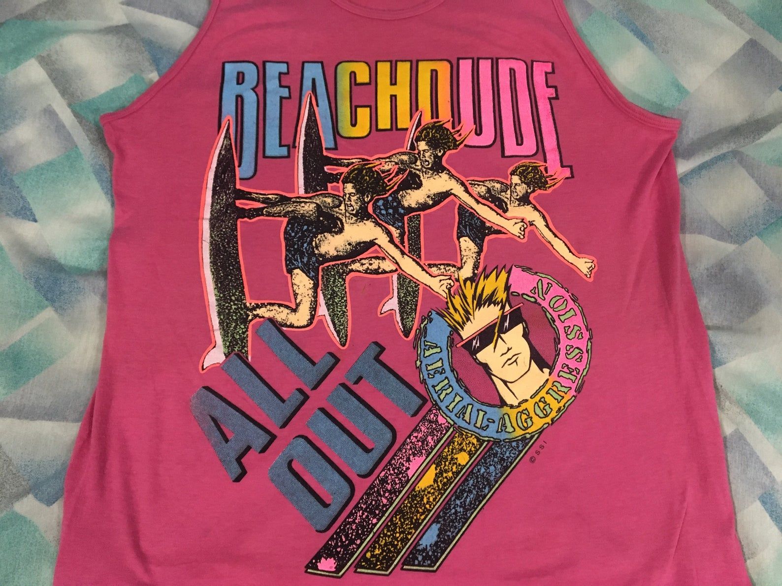 Vintage 80S 90S All Out Beach Dude Hot Pink Neon Surf Tank Top - Sz Single Stitch Super Soft - Aerial Aggression All Over Big