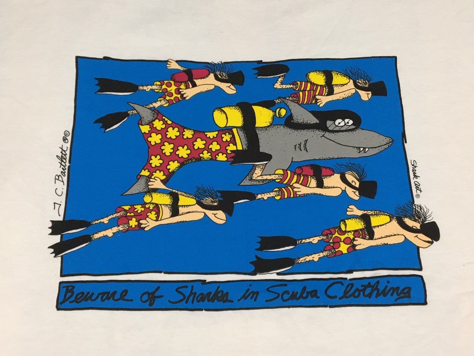 Vintage 80S 90S Funny Scuba Shark Shirt - Sz L - Cartoon Dive Surf Tee