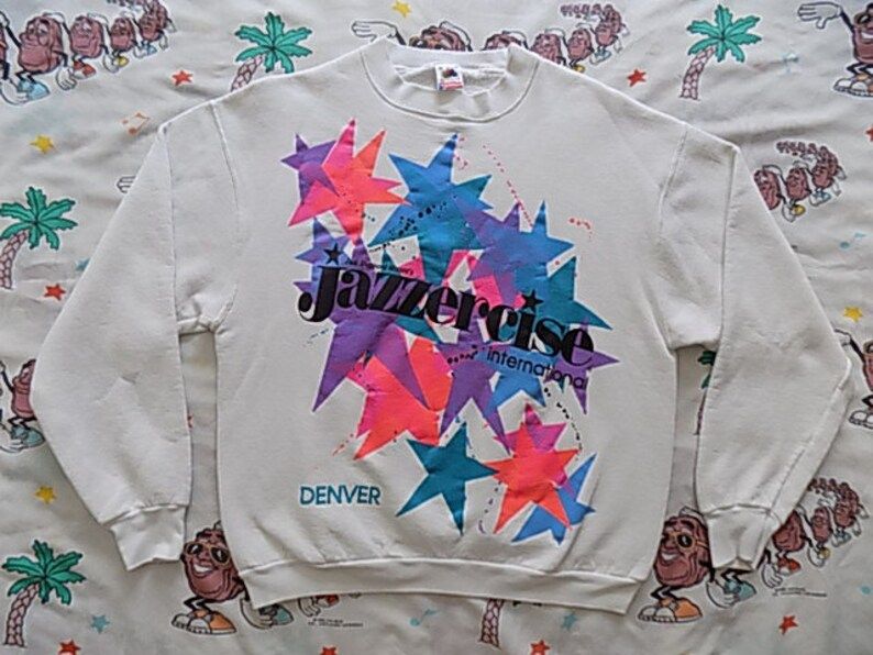 Vintage 80S 90S Jazzercise Pullover Sweatshirt Edium By Fruit Of The Loom Huge Neon Graphic Denver