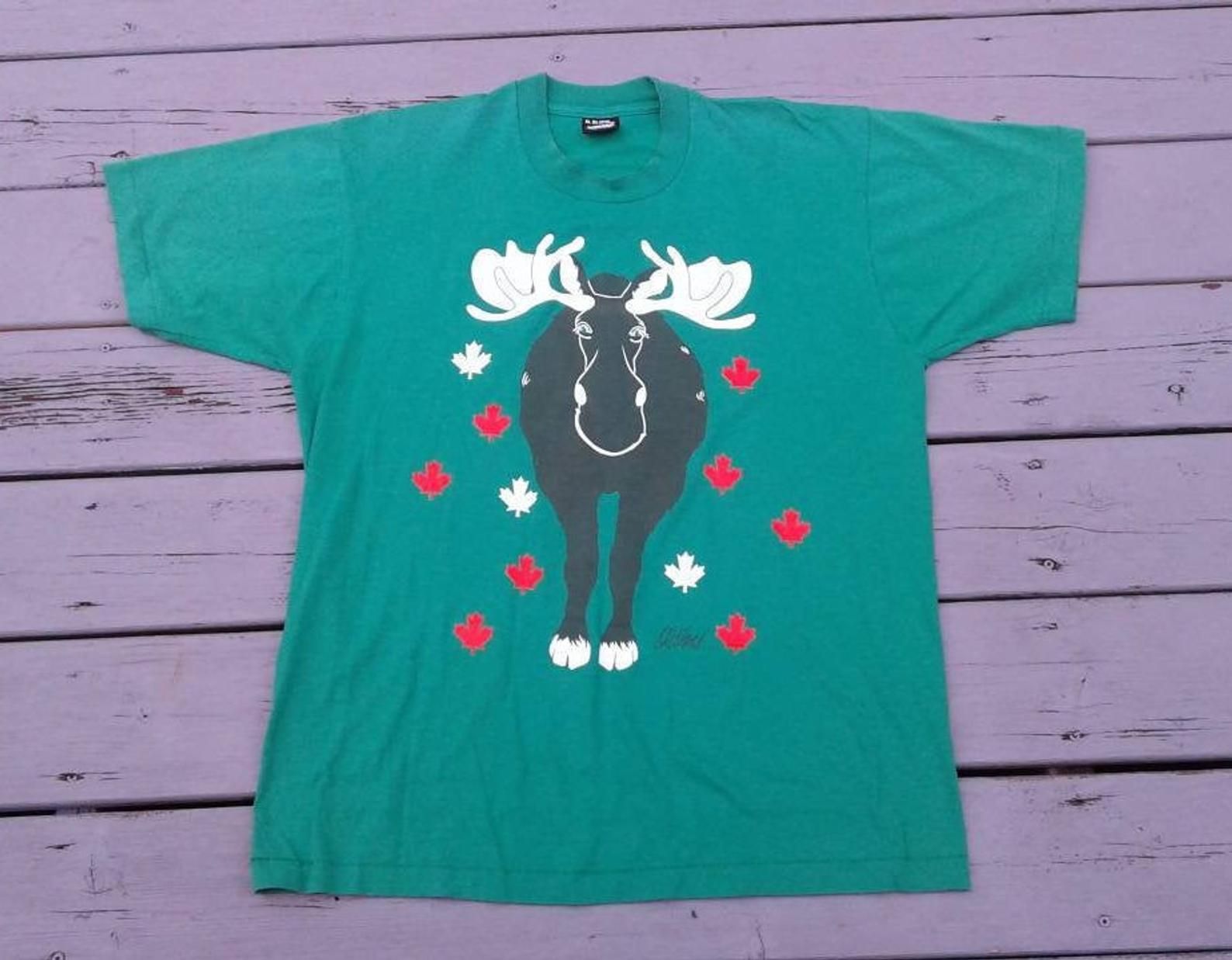 Vintage 80'S / 90'S Moose Canadian Maple Leafs Green Red T-Shirt Made In Usa By Screen Stars Best