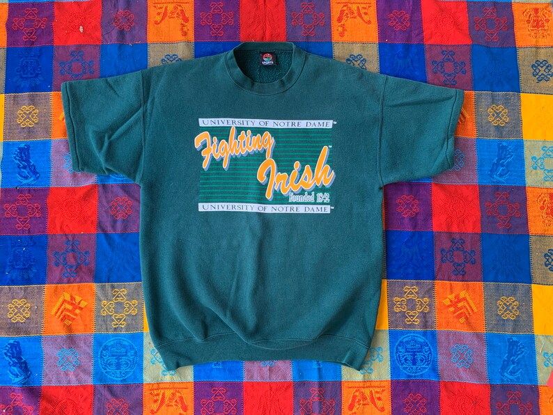 Vintage 80S 90S Notre Dame Fighting Irish Short Sleeve Sweatshirt Arge