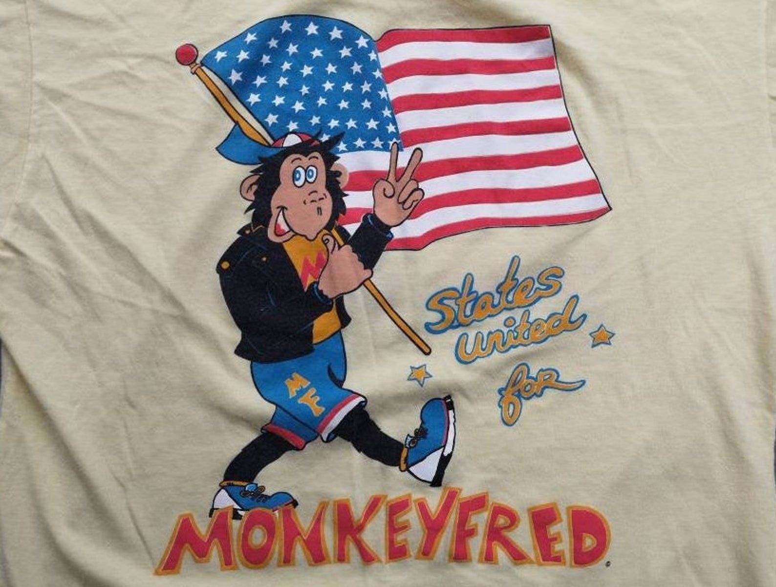 Vintage 80'S / 90'S States United For Monkeyfred Double Sided Yellow T-Shirt Made In Canada