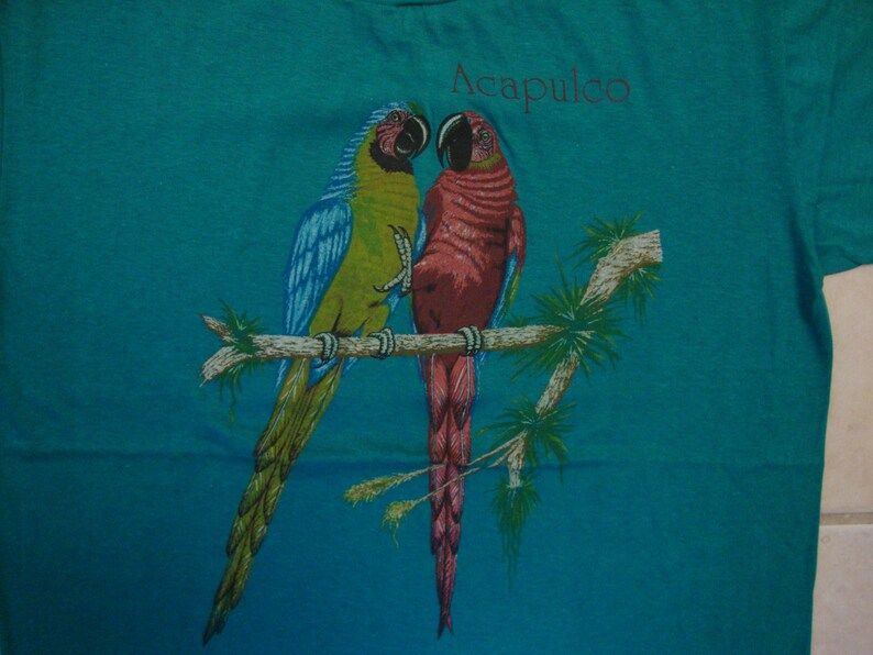 Vintage 80S Acapulco Parrots Tourist Souvenir Green Paper Thin T Shirt