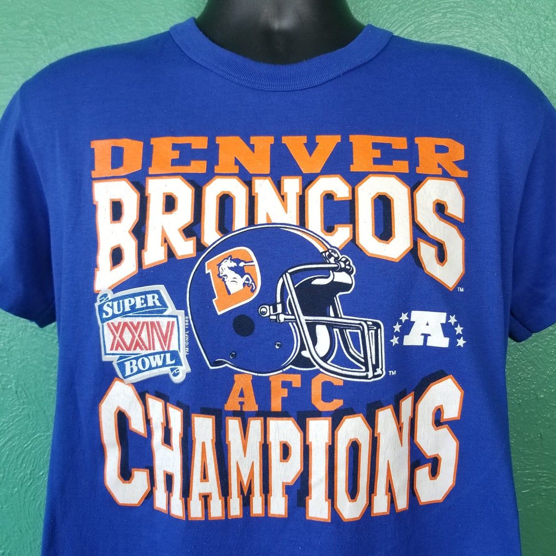 Vintage 80s AFC Denver Broncos Champions Super Bowl XXIV Big Helmet 1989 Shirt