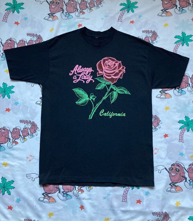 Vintage 80S Always A Lady California T Shirt L Puffy Rose Print Souvenir