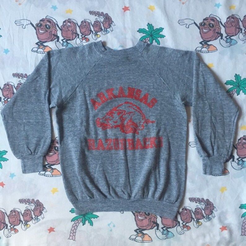 Vintage 80S Arkansas Razorbacks Flock Print Sweatshirt Size S Xs Velva Sheen