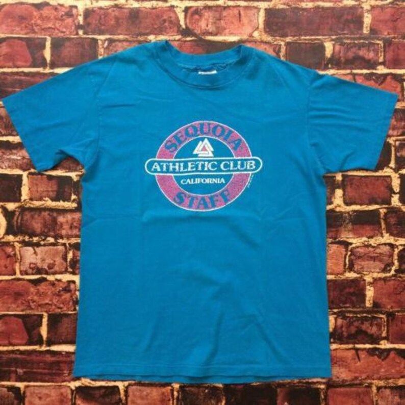 Vintage 80S Athletic Club Shirt Mens Large Tee T Shirt Made In Usa Sequoia California 1980S Soft Thin Cotton Shirt Light Blue Pink