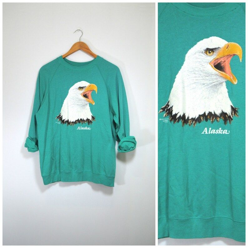 Vintage 80S Bald Eagle Alaska Sweatshirt Teal Screen Print Bird Long Sleeve Fleece Sweater Retro 80S 90S Kitch Ugly Sweater Medium