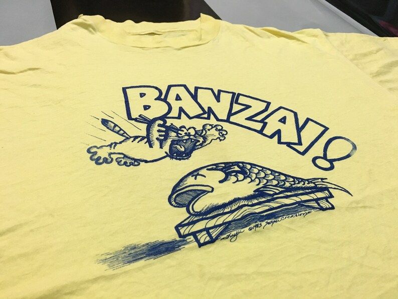 Vintage 80S Banzai T Shirt Cat Catch Fish Printed 1983 Funny Shirt Yellow Pastel Single Stitch