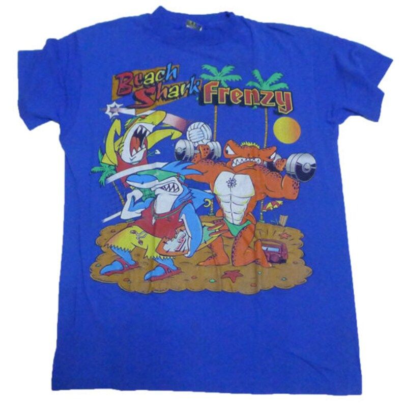 Vintage 80S Beach Shark Frenzy Funny Blue T Shirt